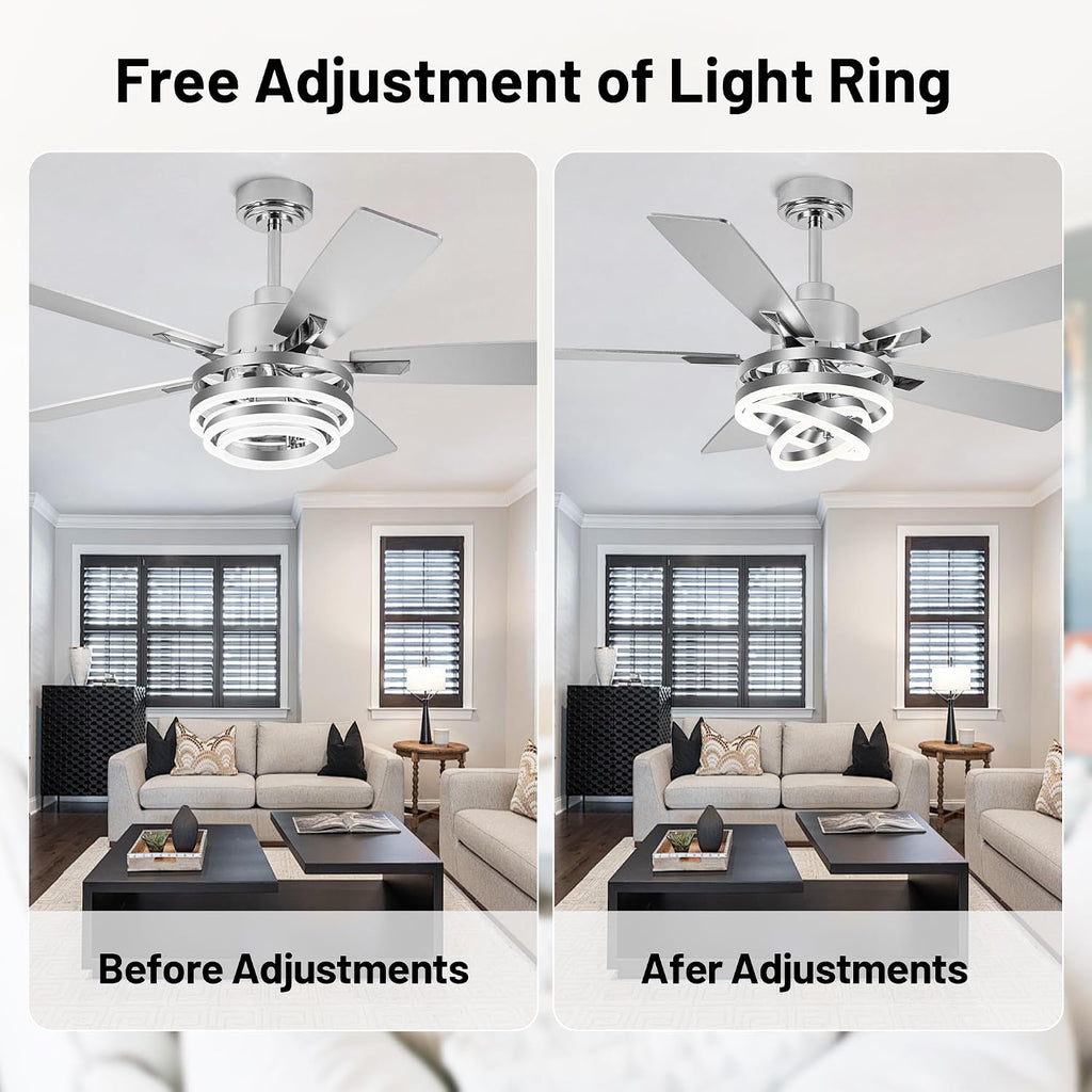 52' Chandelier Ceiling Fans with Lights Remote Control, Farmhouse Ceiling Fan with Light, DIY Rings LED Fandelier Ceiling Fan with Reversible DC Motor 6 Speeds Dimmable for Living Room Bedroom