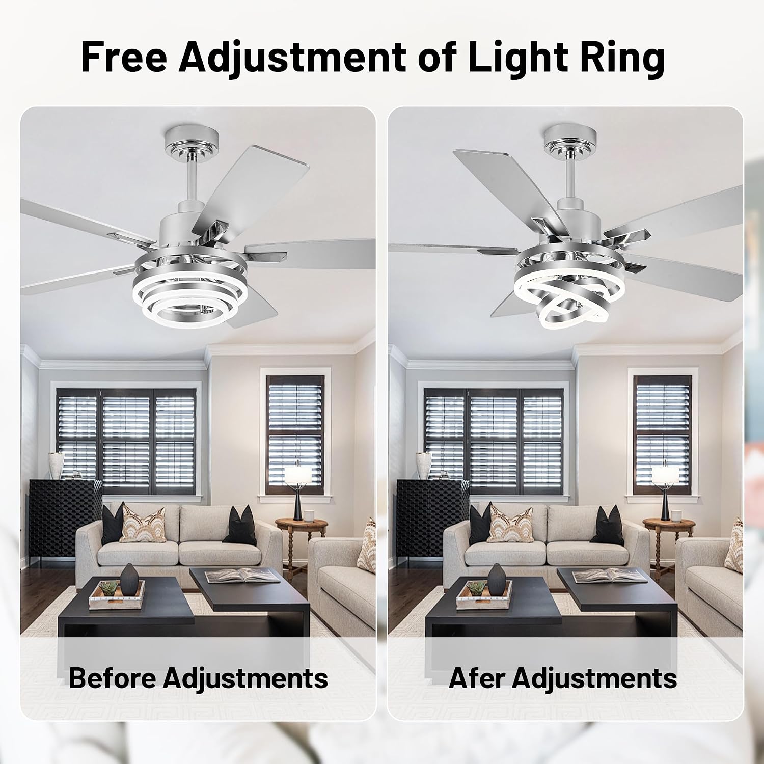52' Chandelier Ceiling Fans with Lights Remote Control, Farmhouse Ceiling Fan with Light, DIY Rings LED Fandelier Ceiling Fan with Reversible DC Motor 6 Speeds Dimmable for Living Room Bedroom