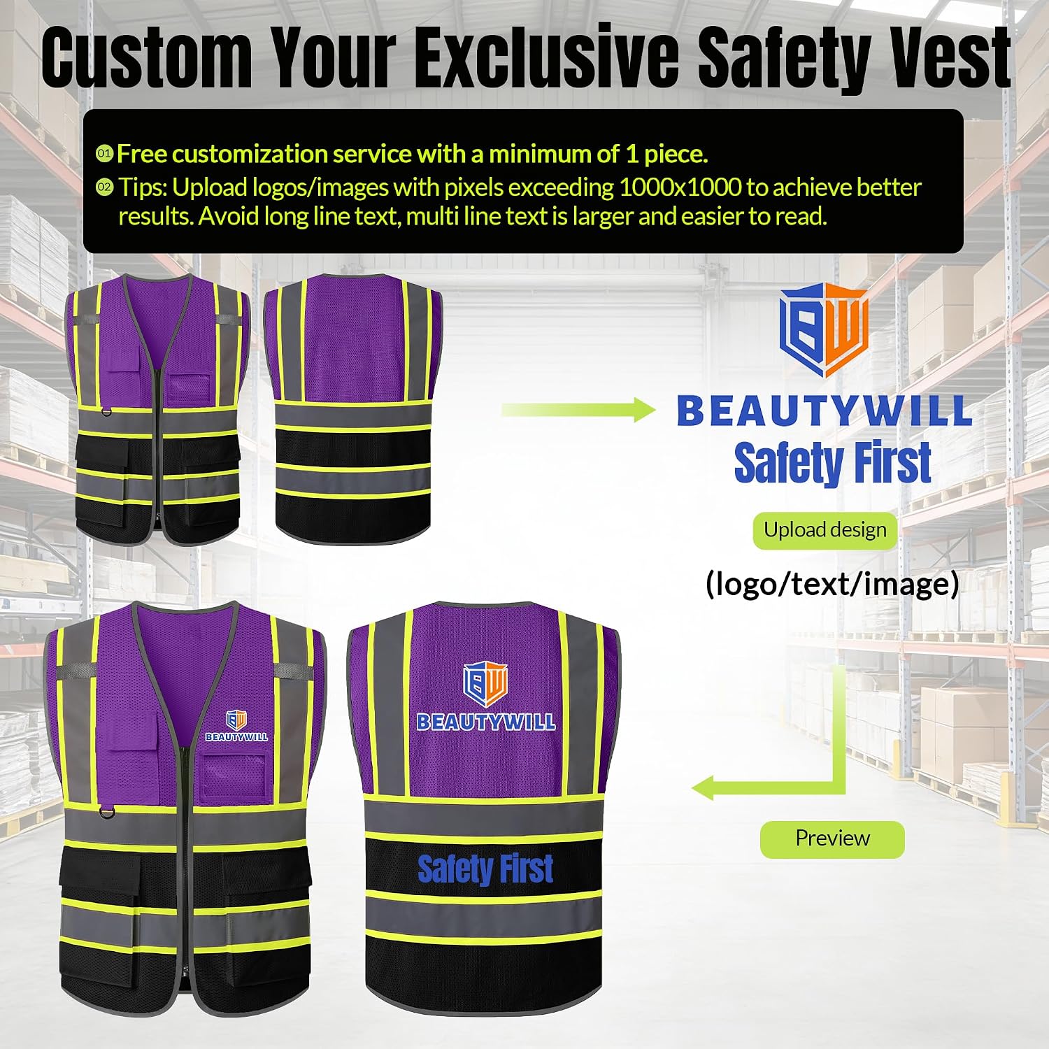BeautyWill Custom LOGO Safety Vests Reflective Vest Class 2 ANSI with Pockets Zipper High Visibility Construction Uniform