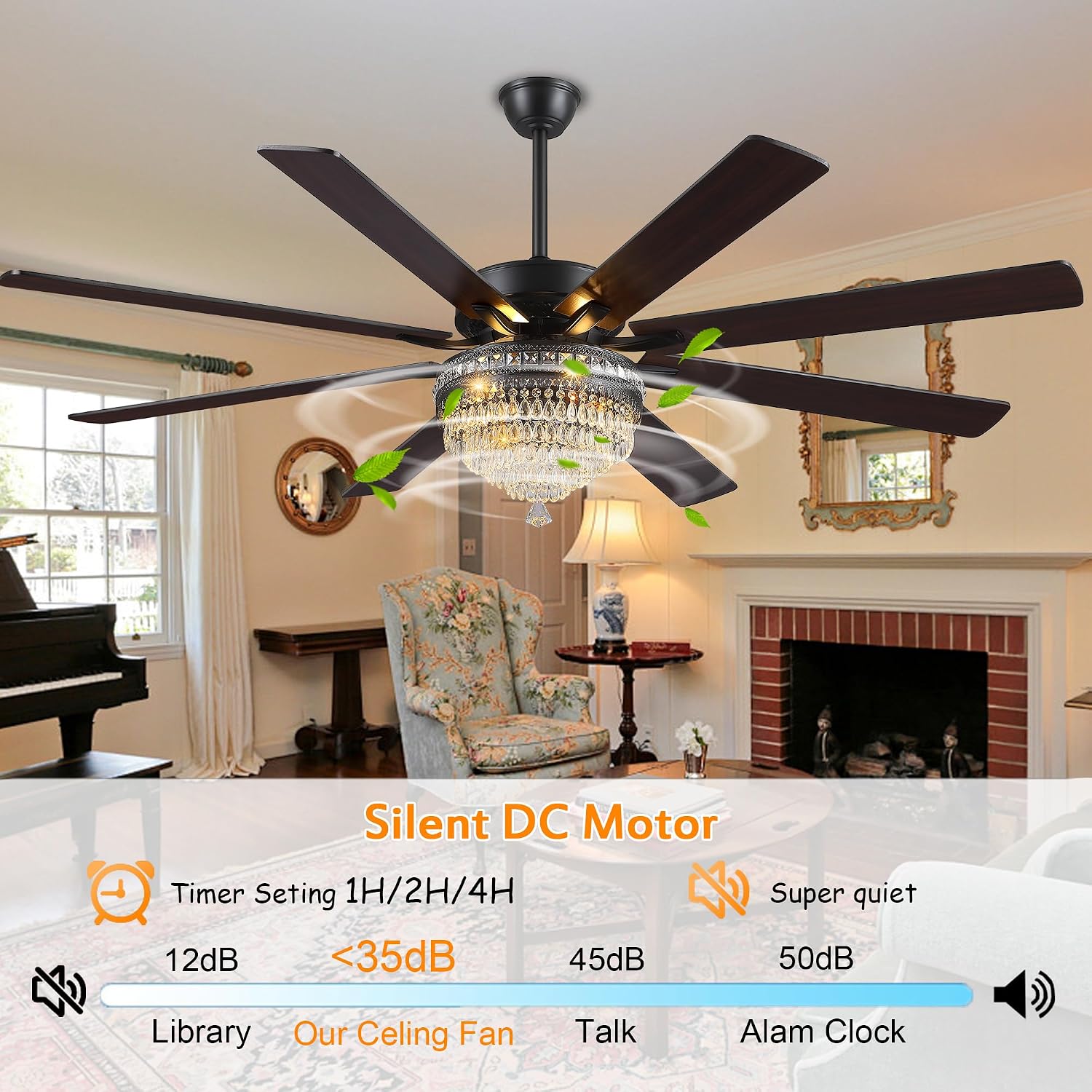 GJeg Crystal Ceiling Fan Fandelier with Lights - Outdoor Ceiling Fans with Remote Control, Farmhouse Ceiling Fan with Noiseless DC Reversible Motor,Dining Room,Living Room(72' Black)