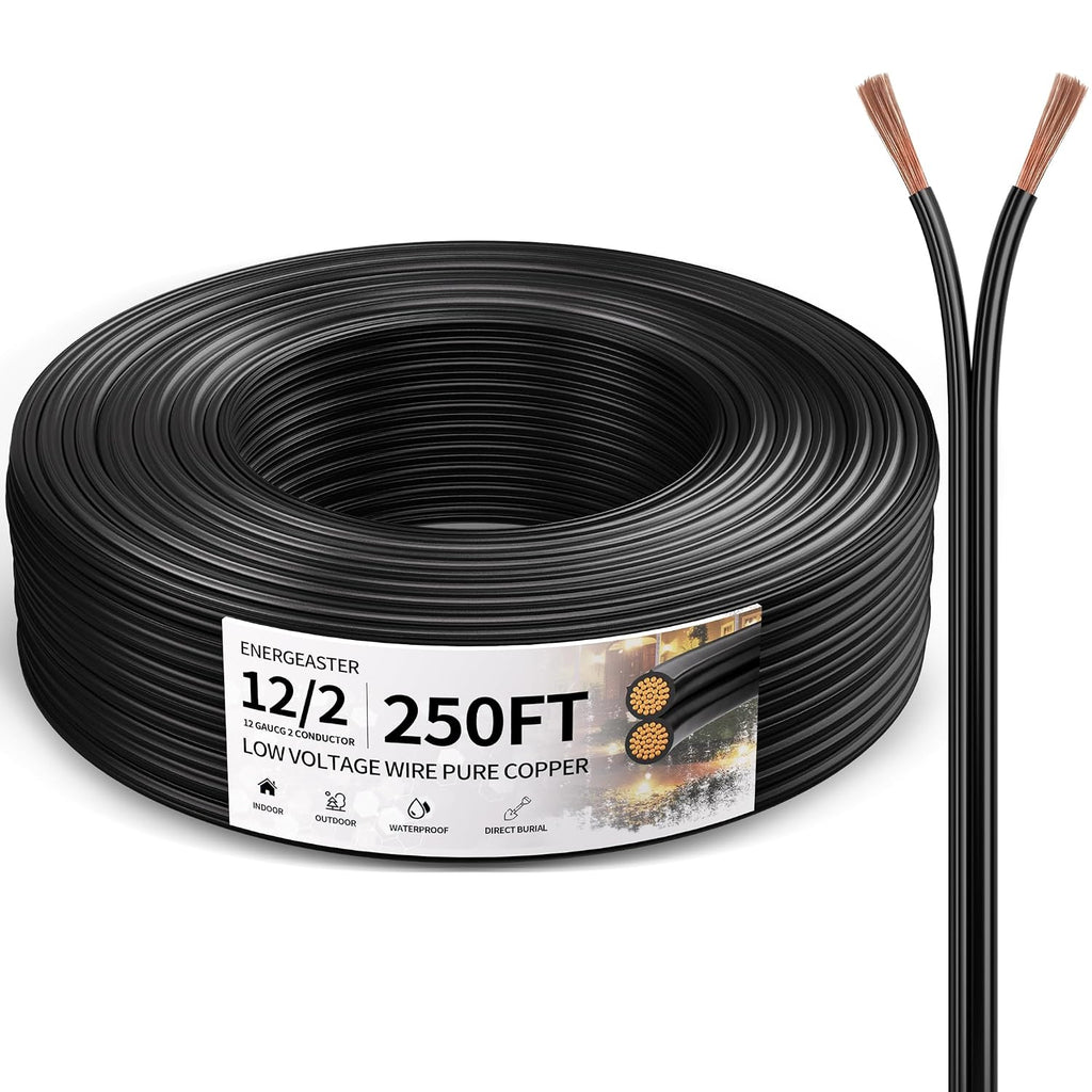 Energeaster 250 Feet 12 Gauge Wire, 12/2 Low Voltage Landscape Wire Pure Copper - Outdoor Direct Burial Waterproof, Electrical Cord 2-Conductor for Low Voltage Landscape Lighting
