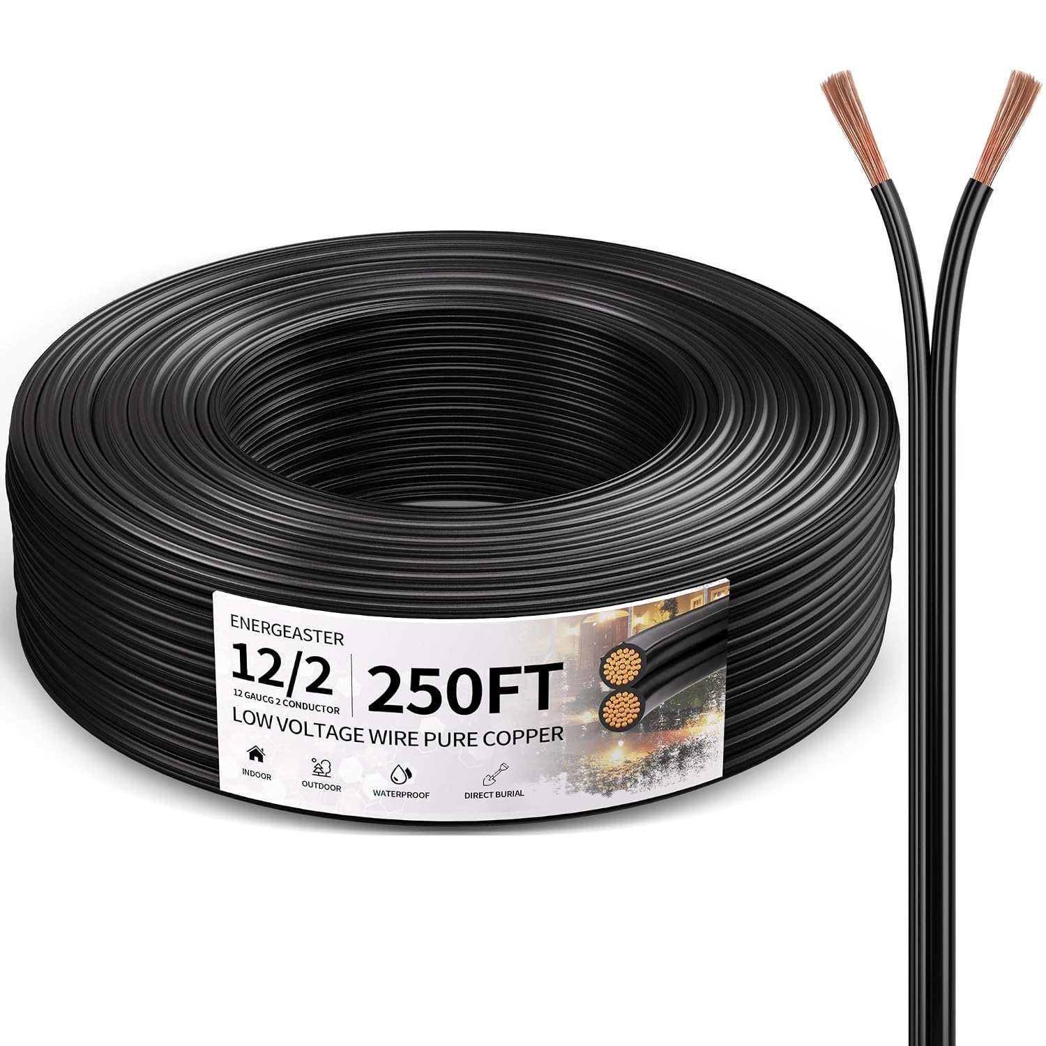 Energeaster 250 Feet 12 Gauge Wire, 12/2 Low Voltage Landscape Wire Pure Copper - Outdoor Direct Burial Waterproof, Electrical Cord 2-Conductor for Low Voltage Landscape Lighting