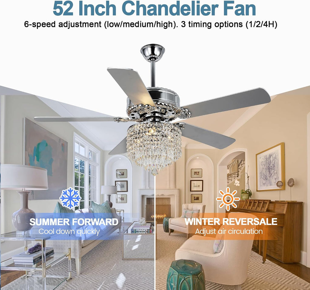 52 Inch Crystal Ceiling Fan with Light and Remote Control, Chrome Modern Chandelier Ceiling Fan Fandelier for Living Room Bedroom