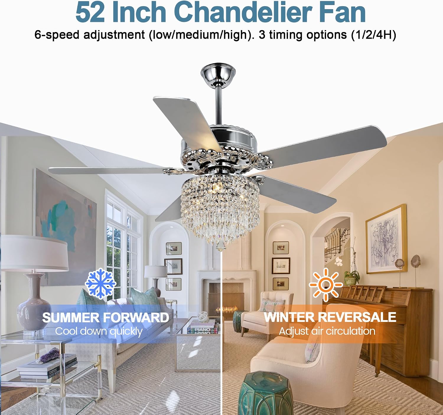 52 Inch Crystal Ceiling Fan with Light and Remote Control, Chrome Modern Chandelier Ceiling Fan Fandelier for Living Room Bedroom