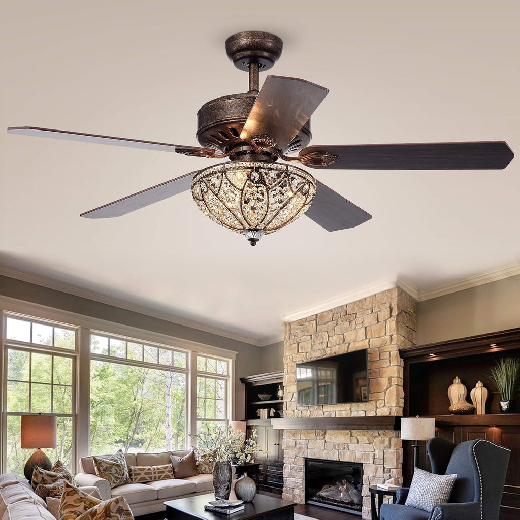 Gliska 52-Inch 5-Blade Rustic Bronze Lighted Ceiling Fans w Crystal Shade Optional Remote Control (incl 2 Color Option Blades)