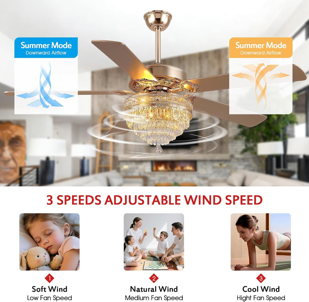 GJeg Crystal Ceiling Fan Fandelier with Lights - Retro Outdoor Fans with Remote Control, Farmhouse Ceiling Fan with Noiseless DC Reversible Motor,Dining Room,Living Room(62' Gold)