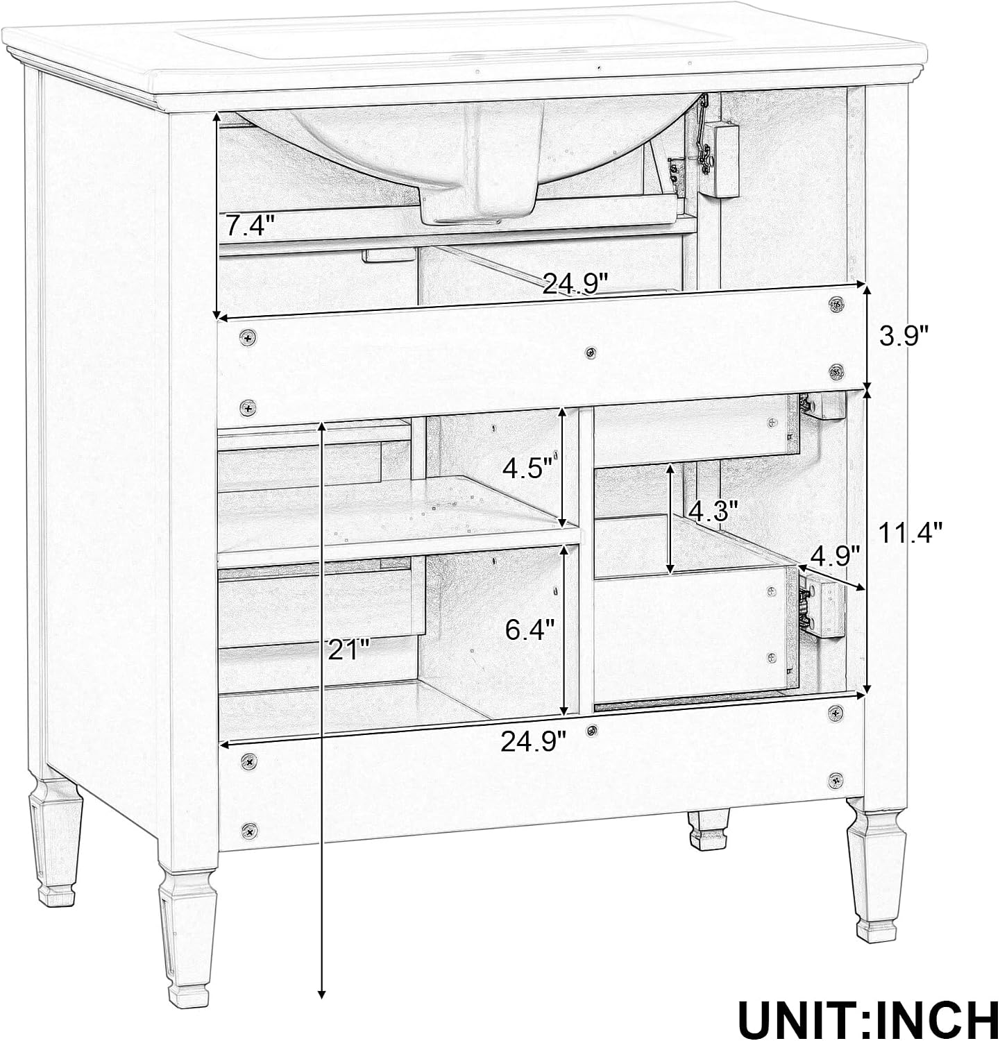 30' Bathroom Vanity with Ceramic Sink Top, Tip-Out Drawer and Two Left Side Drawers, Adjustable Shelf, Solid Wood Legs, Soft-Closing Door and Rack Shelf, Green