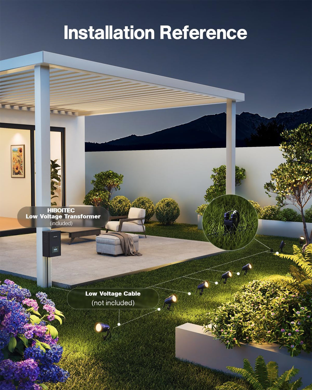 HIBOITEC 12W Landscape Lighting Kit with 200W Low Voltage Transformer, Dusk to Dawn & Timer, 2900K Wired Waterproof LED Outdoor Spotlights for Yard Garden Tree House, Wire Sold Separately, 12 Packs