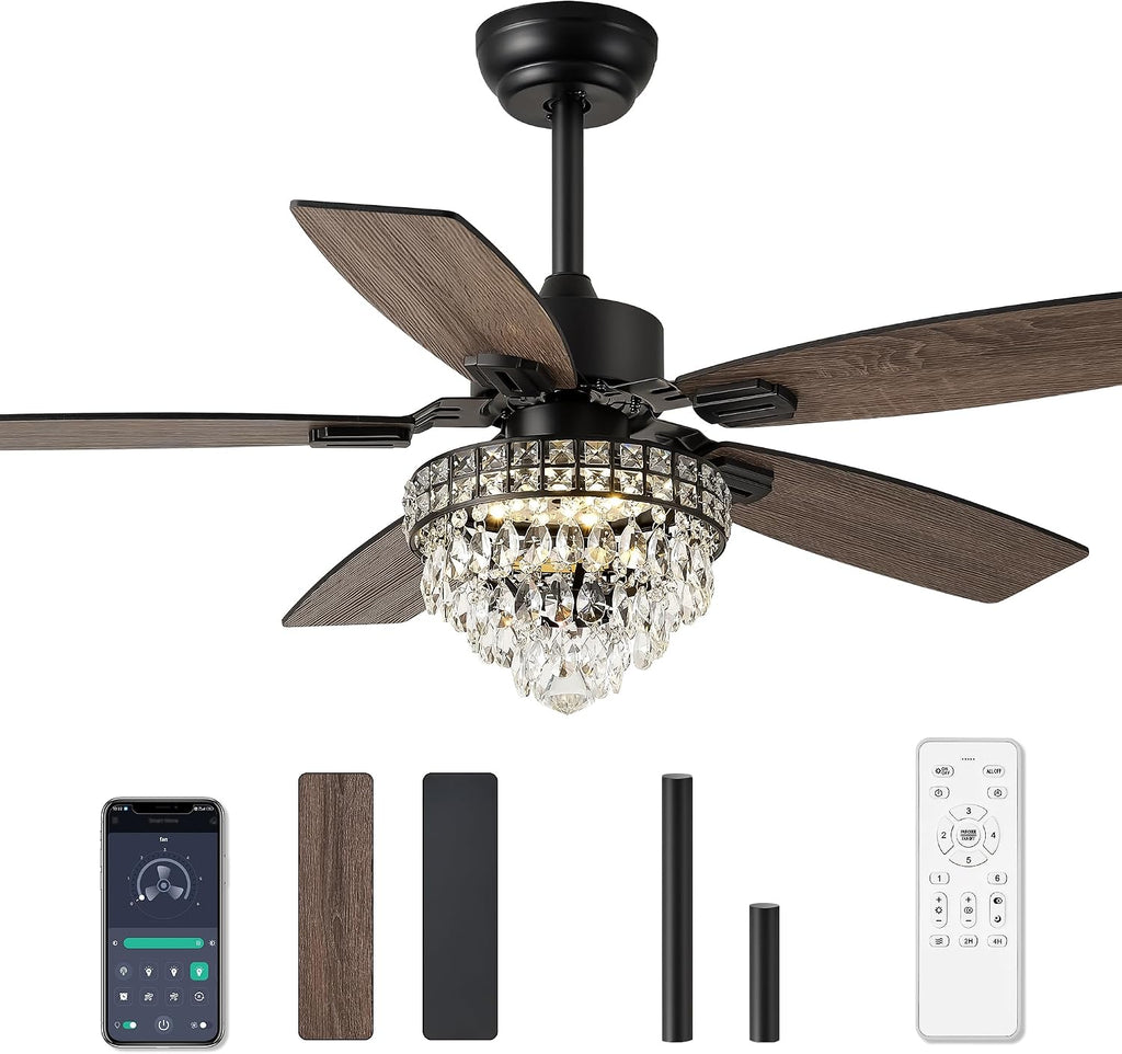 Chandelier Ceiling Fans with Lights and Remote,42in Chandelier Fan Ceiling,Crystal Ceiling Fan Fandelier with Lights,6 Speed 3 Timer Quiet Ceiling Fan for Bedroom (Black, 52 Inch)
