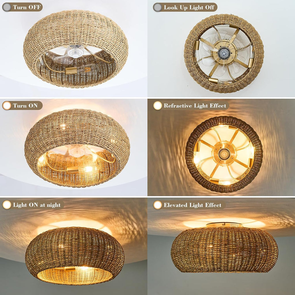 Rattan Ceiling Fan with Lights 19.7IN Boho Handwoven Caged Fandelier with Light Farmhouse Handwoven Ceiling Fan Chandelier Fixture for Dining/Living Room Bedroom Entry Kitchen Restaurant Office
