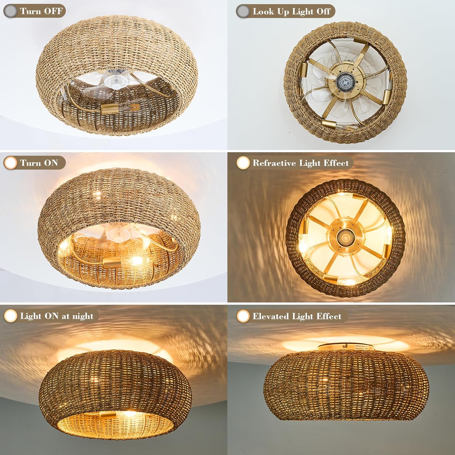 Rattan Ceiling Fan with Lights 19.7IN Boho Handwoven Caged Fandelier with Light Farmhouse Handwoven Ceiling Fan Chandelier Fixture for Dining/Living Room Bedroom Entry Kitchen Restaurant Office