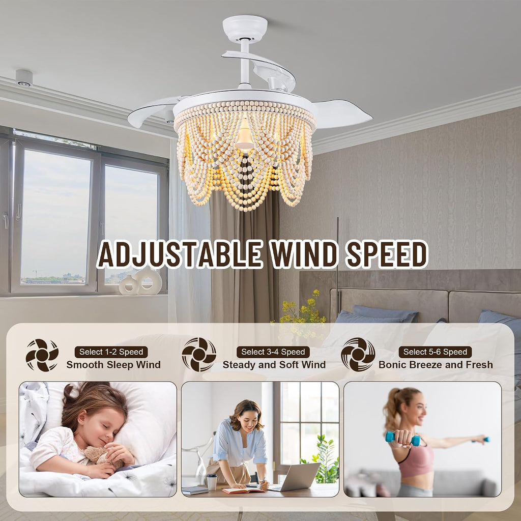 42'' Retractable Ceiling Fans with Lights and Remote,Bohemian Ceiling Fans with Wooden Beads,E26 Metal Bulb Base,6 Speeds Reversible Bladeless Ceiling Fan for Bedroom Living Room Kitchen