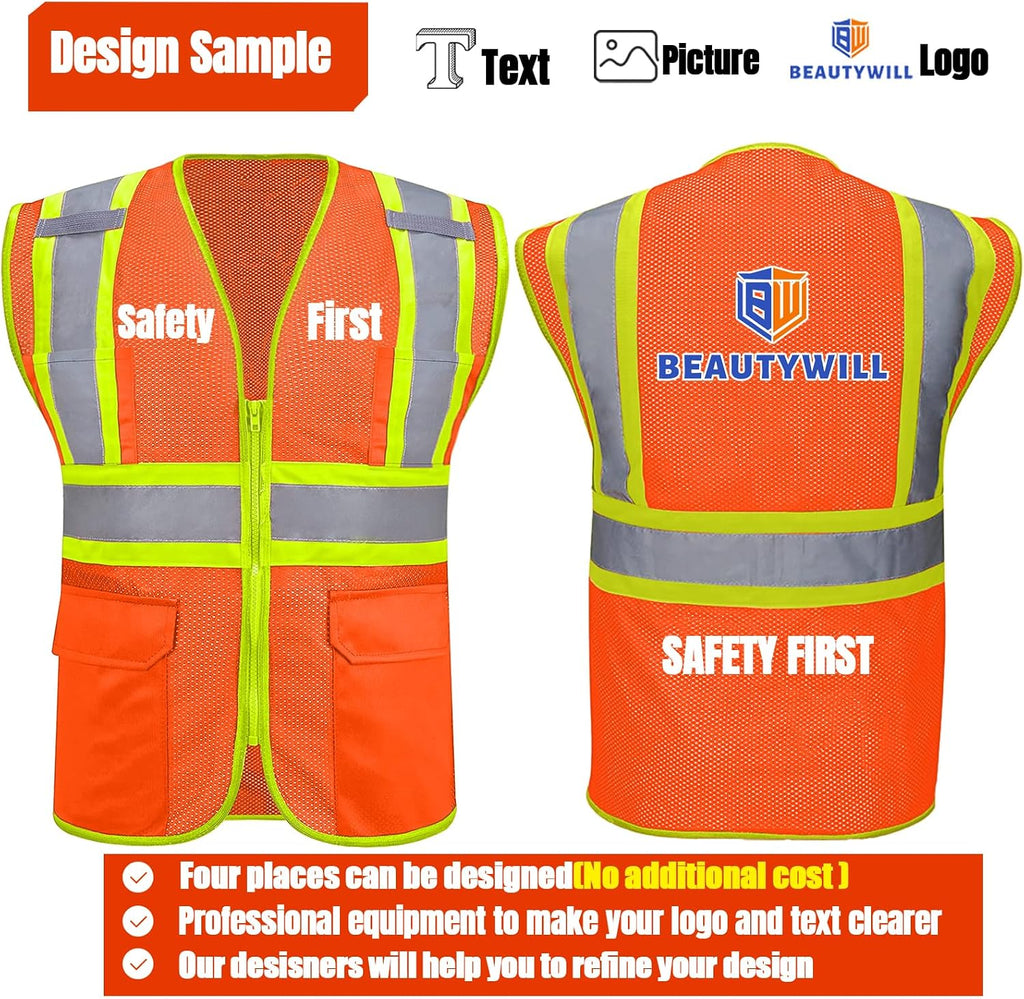 BeautyWill Custom Safety Vest Customized Logo Class 2 High Visibility Reflective Vest with Pockets Construction workwear