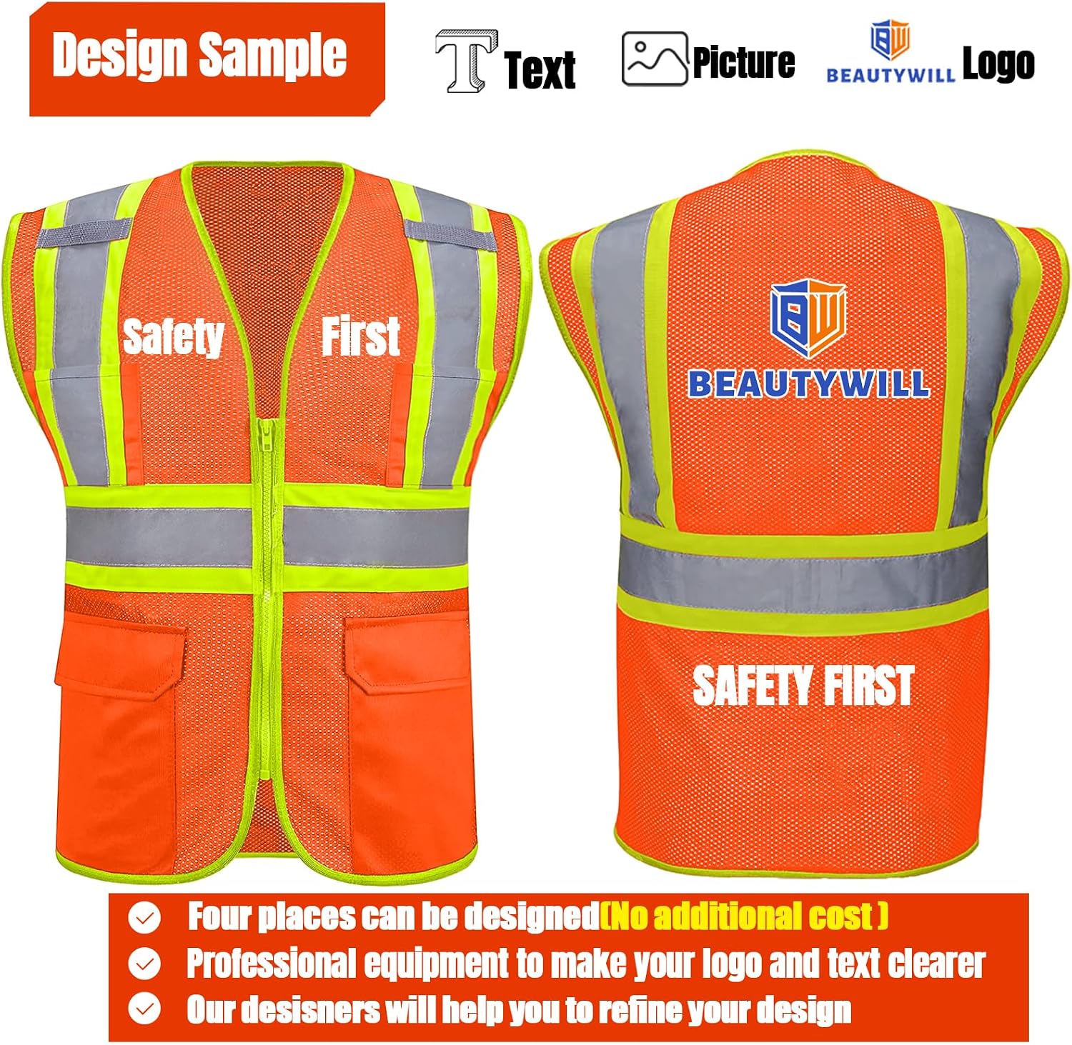 BeautyWill Custom Safety Vest Customized Logo Class 2 High Visibility Reflective Vest with Pockets Construction workwear
