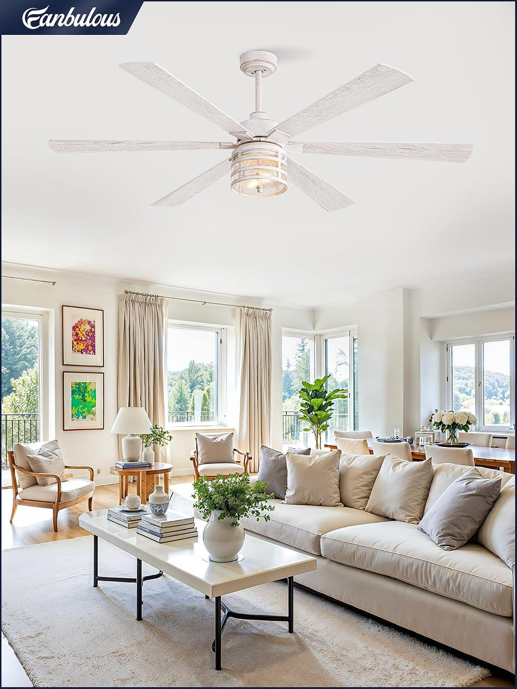 65 Inch Modern Ceiling Fans with Lights and Remote,Farmhouse Large Ceiling Fan with 6-Speed Reversible DC Motor and 6 Dual Finish Blades,White Ceiling Fan with Light for Living Bedroom Patio