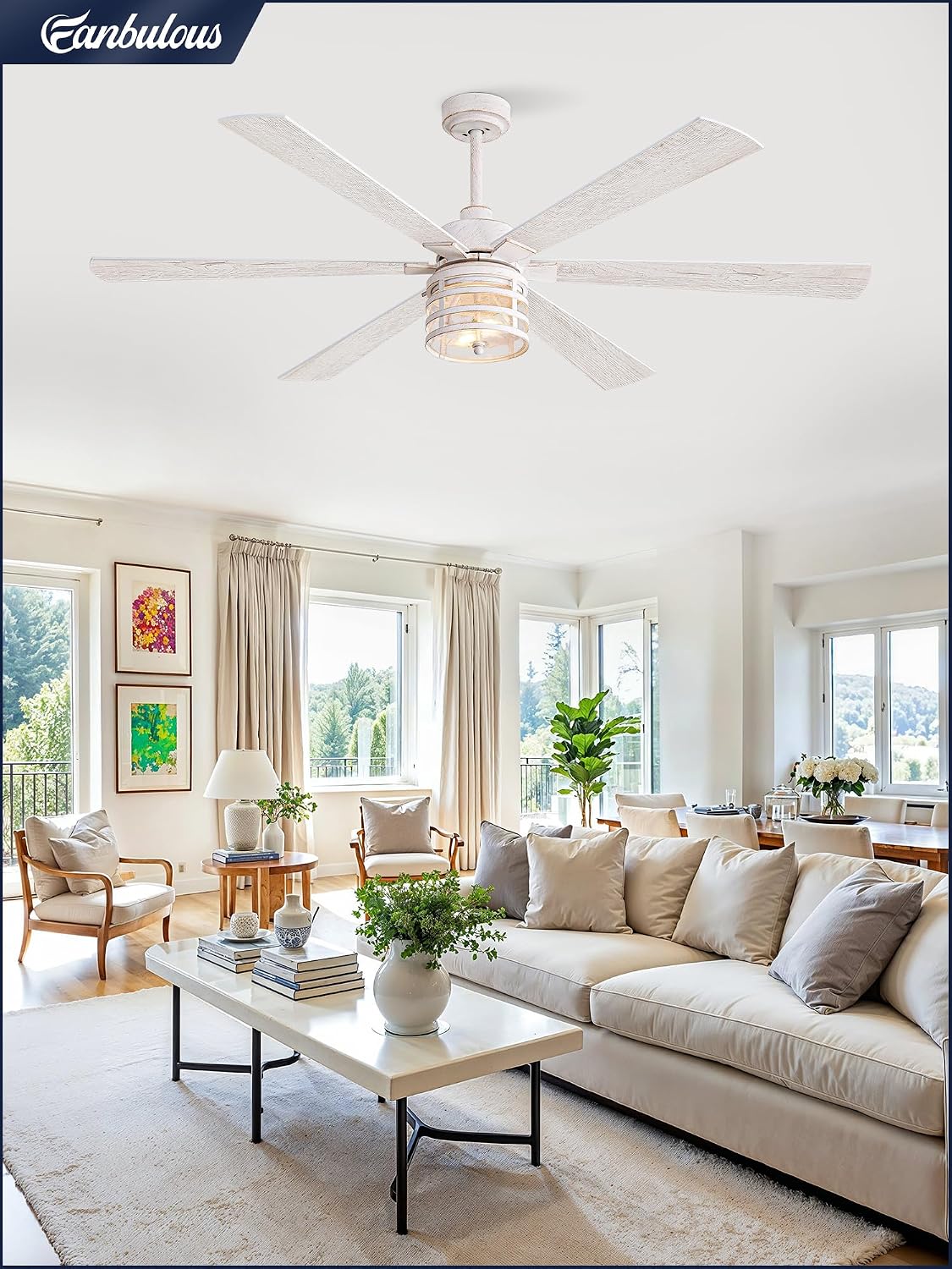 65 Inch Modern Ceiling Fans with Lights and Remote,Farmhouse Large Ceiling Fan with 6-Speed Reversible DC Motor and 6 Dual Finish Blades,White Ceiling Fan with Light for Living Bedroom Patio