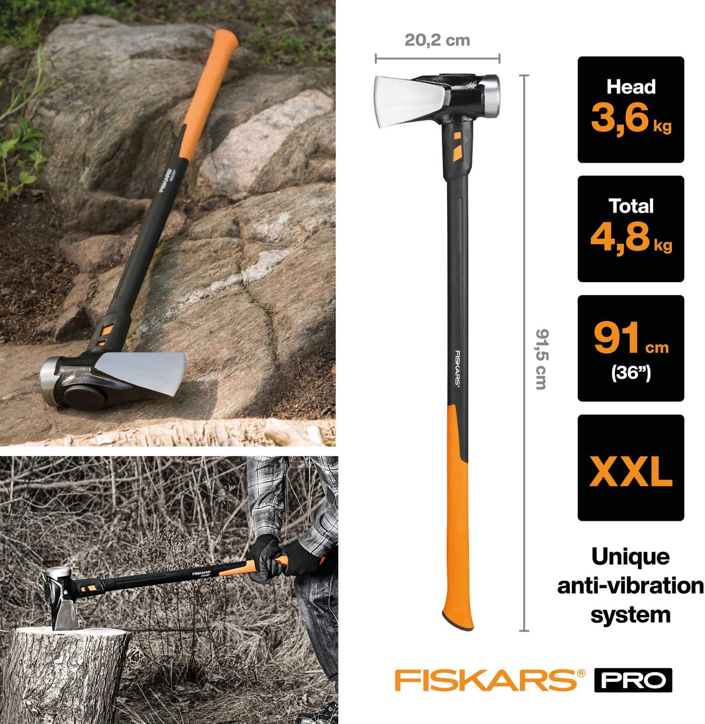 Fiskars IsoCore Builder's axe, XXL, Length: 92 cm, Weight: 5.22 kg, Black/Orange, 1020220