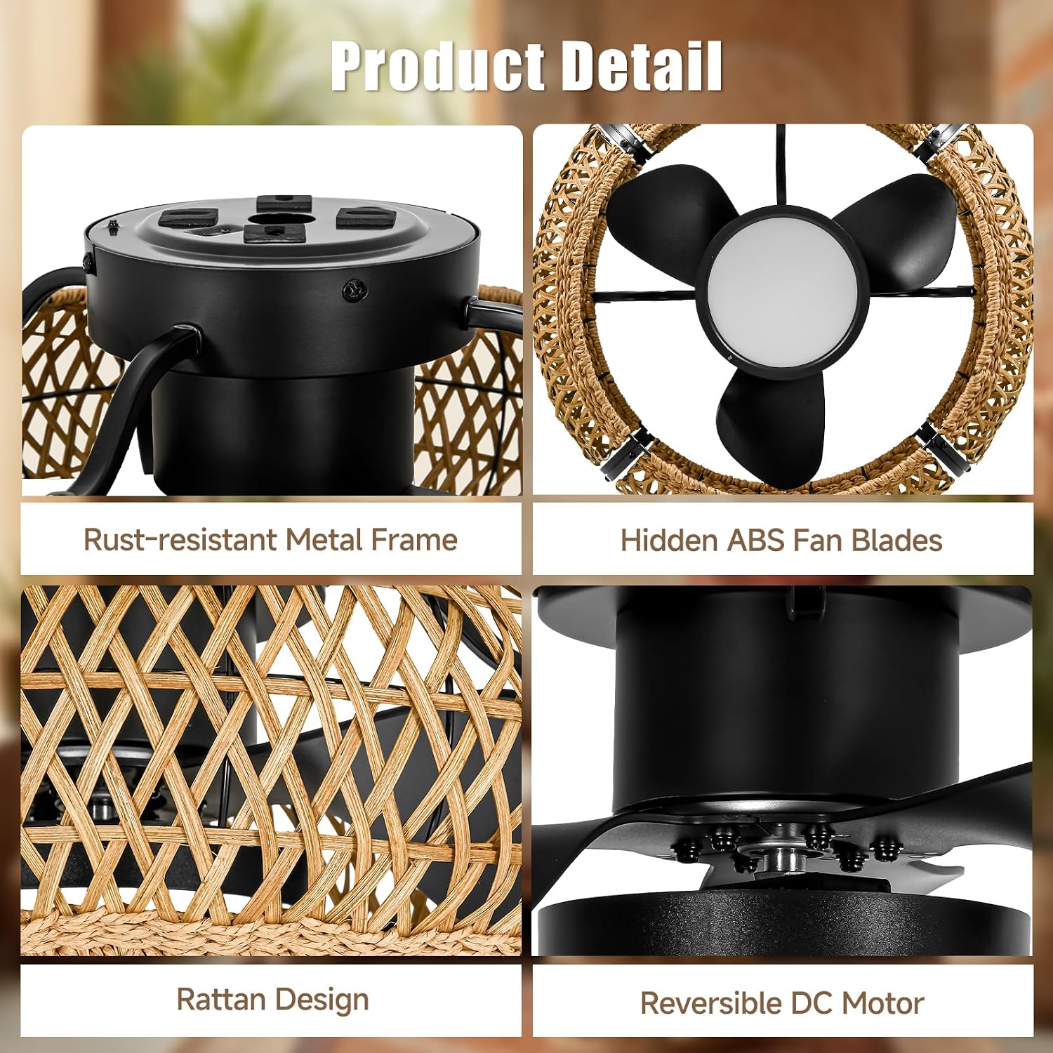 ocioc 20' Fandelier Ceiling Fans with Lights and Remote,Caged Ceiling Fan with Light,Flush Mount Low Profile,Bladeless,Quiet Reversible DC Motor,Boho Rattan Ceiling Fan for Bedroom,Living Room