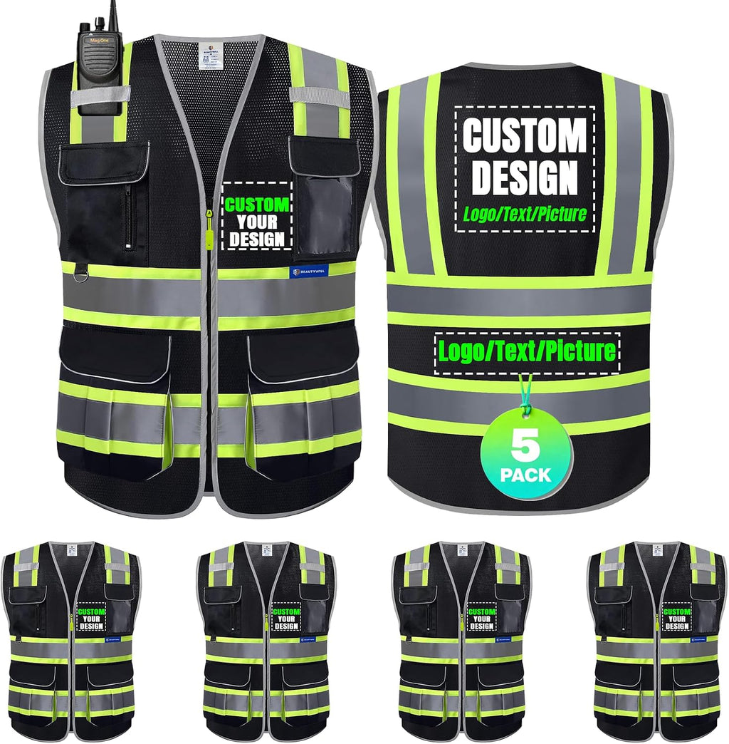 BeautyWill 5 Pack Safety Vest Class2 ANSI Certified Custom Logo High Visibility Reflective Vest for Men -10 Pockets Personalized Logo Heavy-Duty Work Vest（Mesh Black，L）