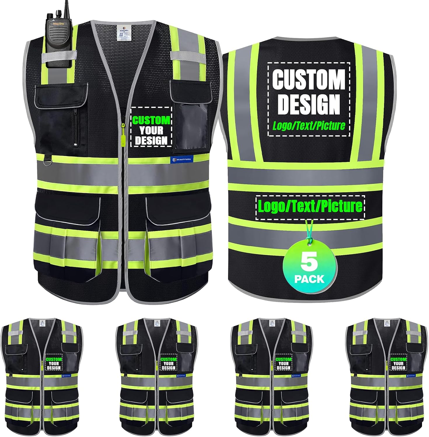 BeautyWill 5 Pack Safety Vest Class2 ANSI Certified Custom Logo High Visibility Reflective Vest for Men -10 Pockets Personalized Logo Heavy-Duty Work Vest（Mesh Black，L）