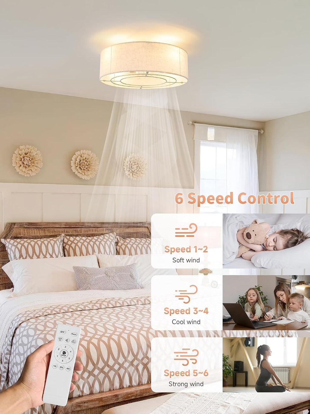 Ceiling Fans with Lights, 20' Boho Ceiling Fan with Light Flush Mount, Drum Rattan Low Profile with 6 Speeds, Remote Control for Bedroom, Nursery, Living Room
