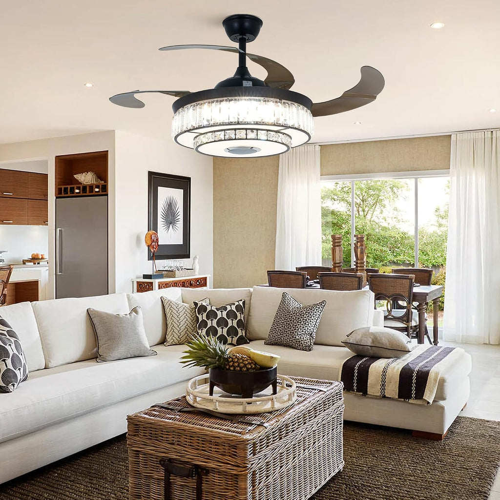 42' Bluetooth Chandelier Ceiling Fan with Light, Fandelier with Reversible Motor, Modern Retractable Ceiling Fan Light and Music Speaker RGB Color Change with Remote Control for Living Room/Bedroom