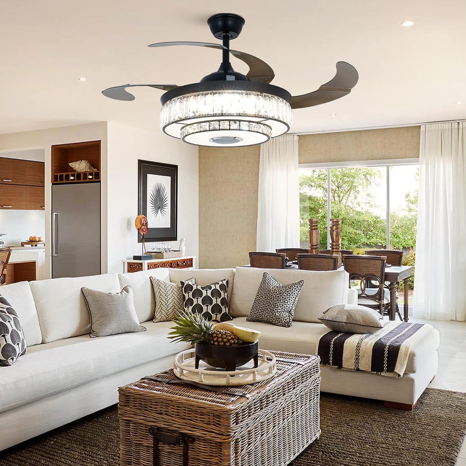 42' Bluetooth Chandelier Ceiling Fan with Light, Fandelier with Reversible Motor, Modern Retractable Ceiling Fan Light and Music Speaker RGB Color Change with Remote Control for Living Room/Bedroom