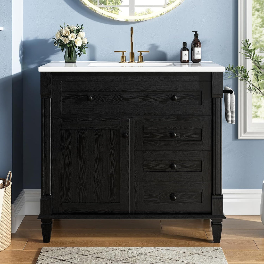 LIKIMIO 36 Inch Bathroom Vanity with Sink, Towel Holder & Adjustable Solid Wood Legs for Uneven Floor, Modern Bathroom Storage Cabinet with Tip-Out Drawer, 2 Drawers & Adjustable Shelf, Black