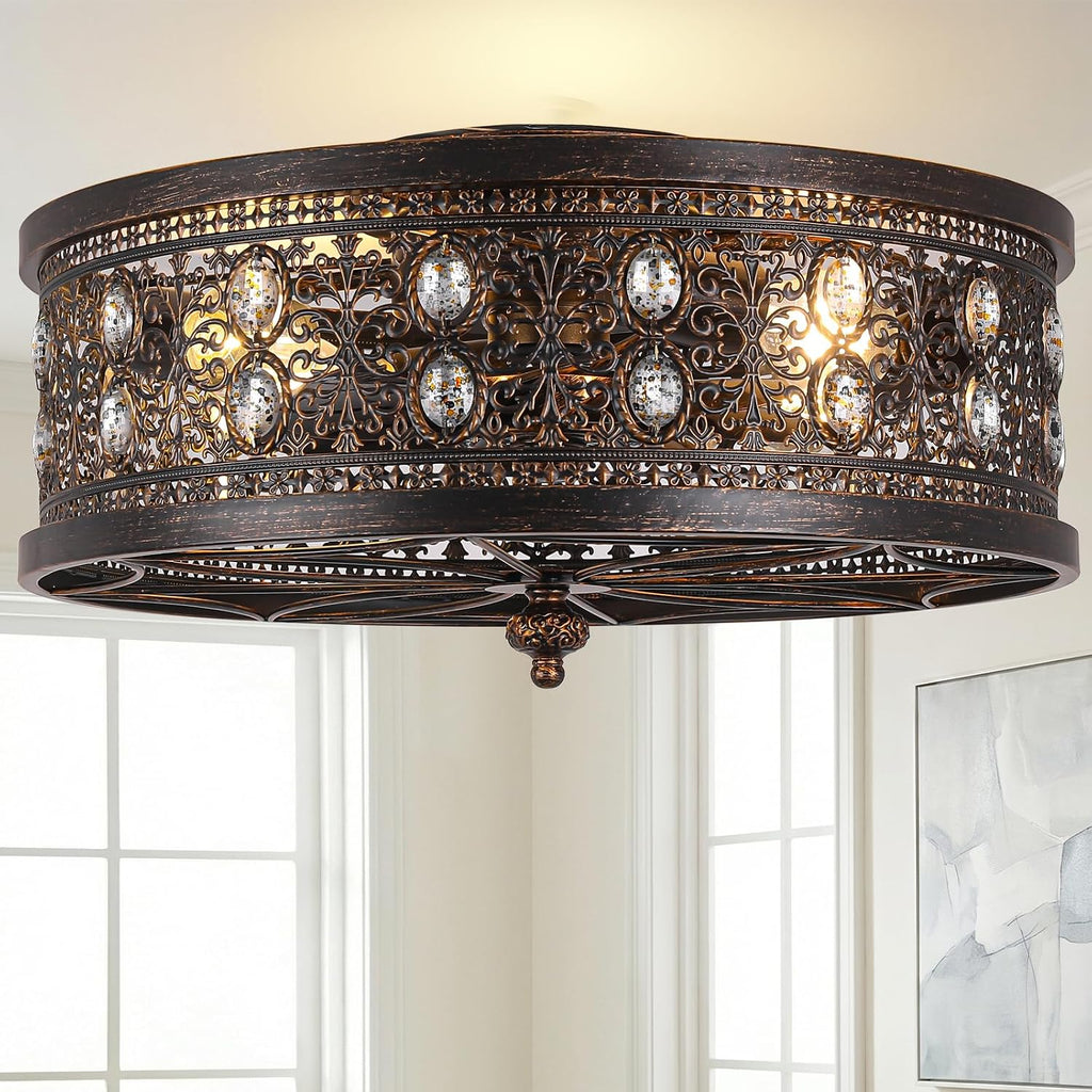 20' Vintage Fandelier Ceiling Fan with Light, Low Profile Caged Ceiling Fan in Distressed Black and Bronze, Farmhouse Chandelier Fan with Oval Crystals for Bedroom, Kitchen, Living Room,Small Room