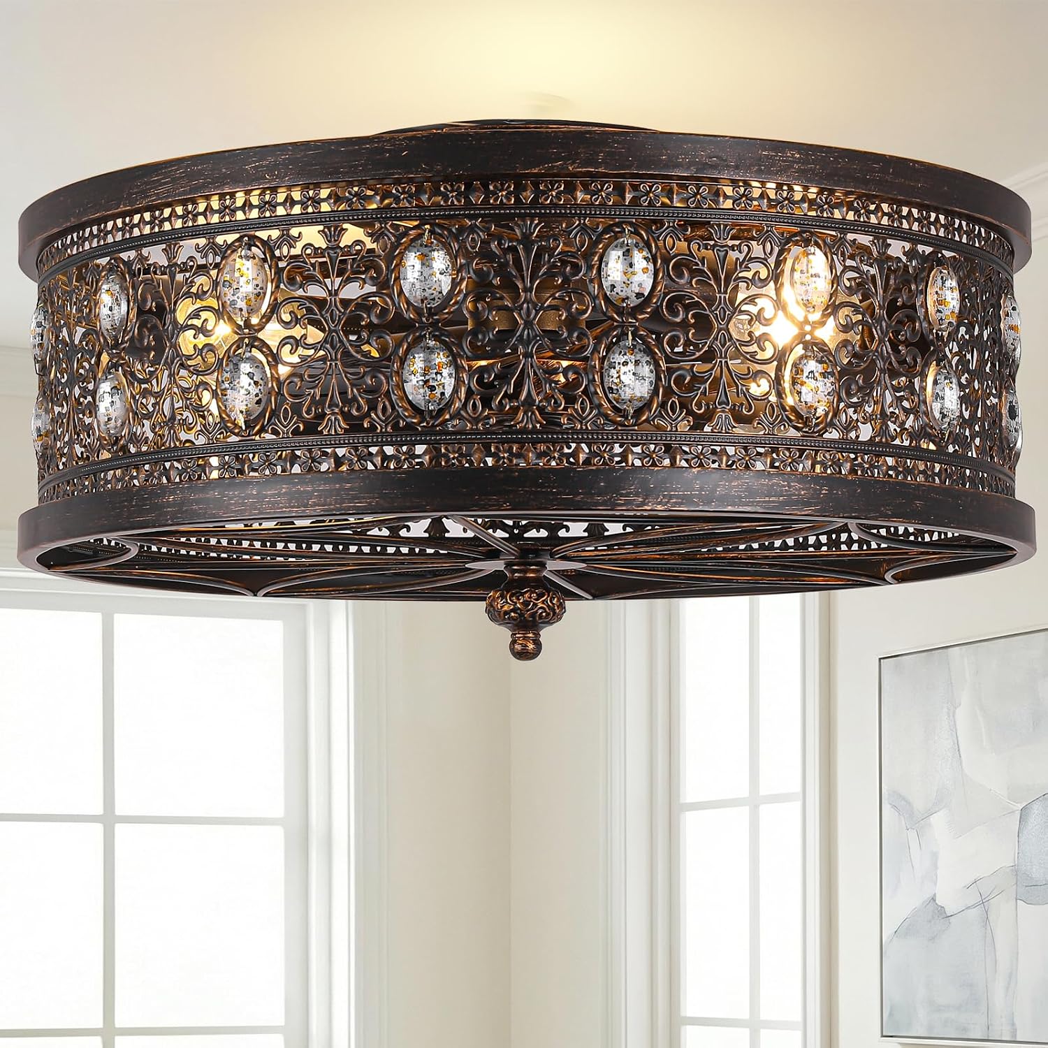 20' Vintage Fandelier Ceiling Fan with Light, Low Profile Caged Ceiling Fan in Distressed Black and Bronze, Farmhouse Chandelier Fan with Oval Crystals for Bedroom, Kitchen, Living Room,Small Room