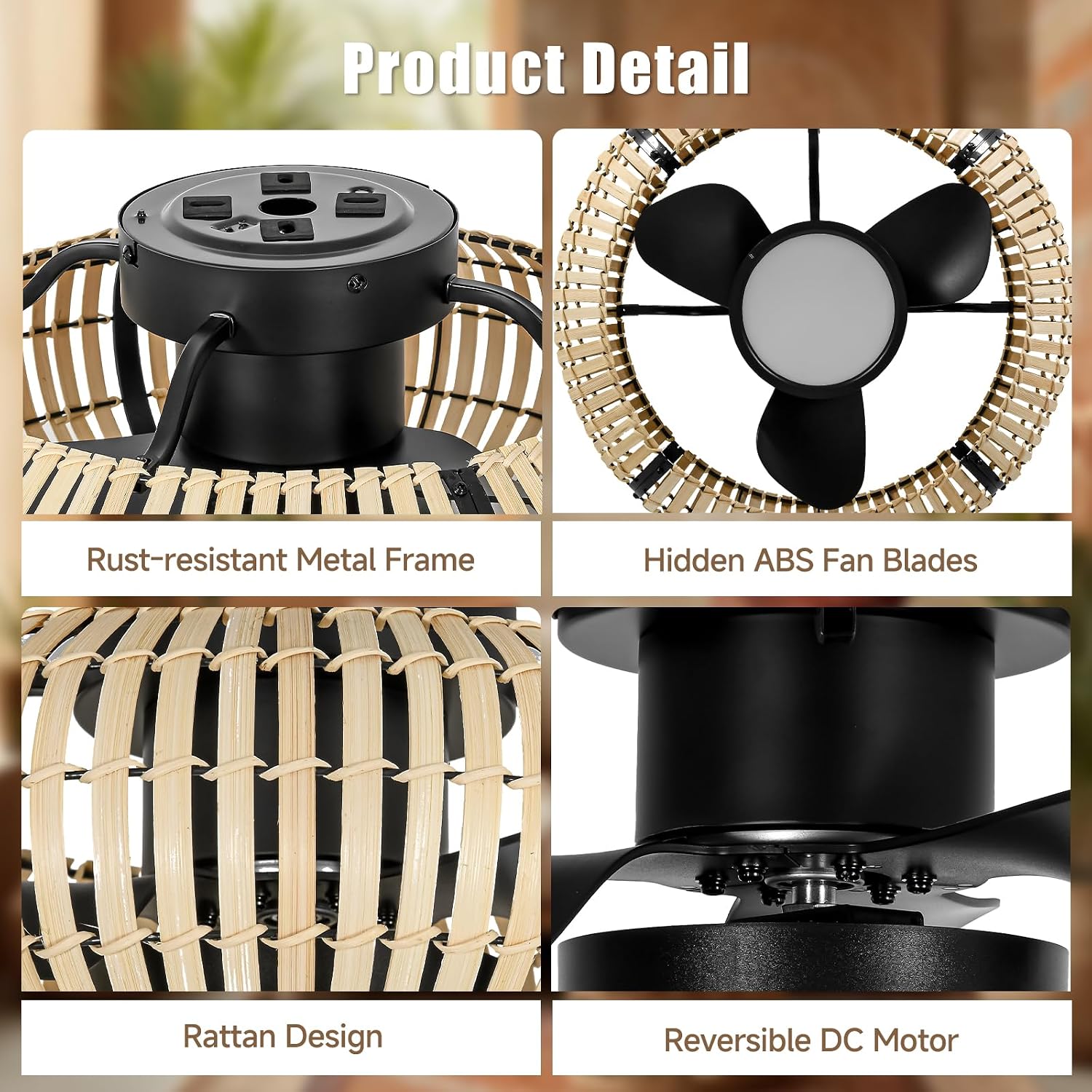 ocioc 20' Fandelier Ceiling Fans with Lights and Remote,Caged Ceiling Fan with Light,Flush Mount,Low Profile,Bladeless,Quiet Reversible DC Motor,Boho Rattan Ceiling Fan for Bedroom