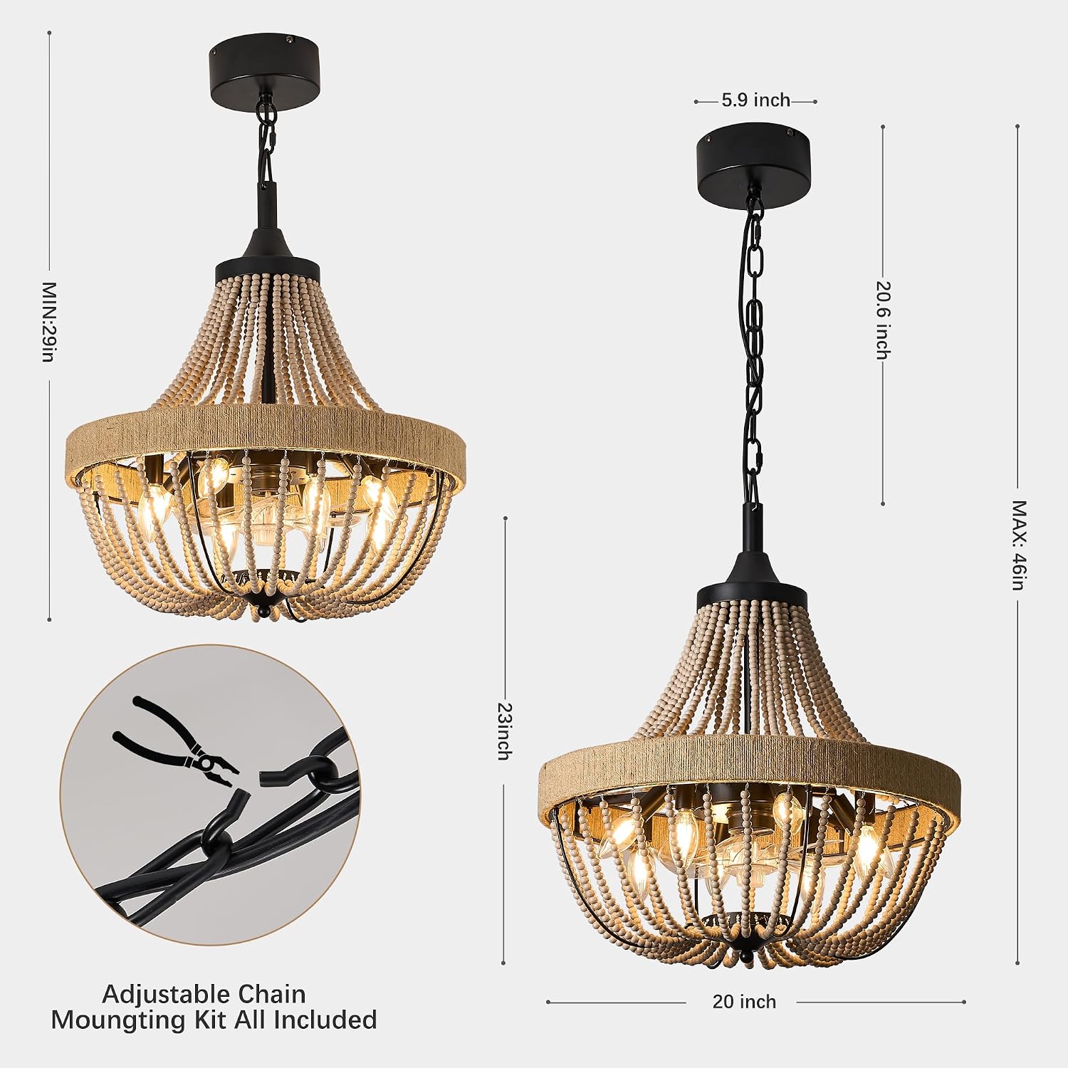 Bohemian Empire Style Chandelier Fan with 64 Wood Bead Strands, 7-Blade Invisible, Remote/APP Control, 20'' Ceiling Light Fixture for Living Room Bedroom Dining (Black, 20'' Boho Style)