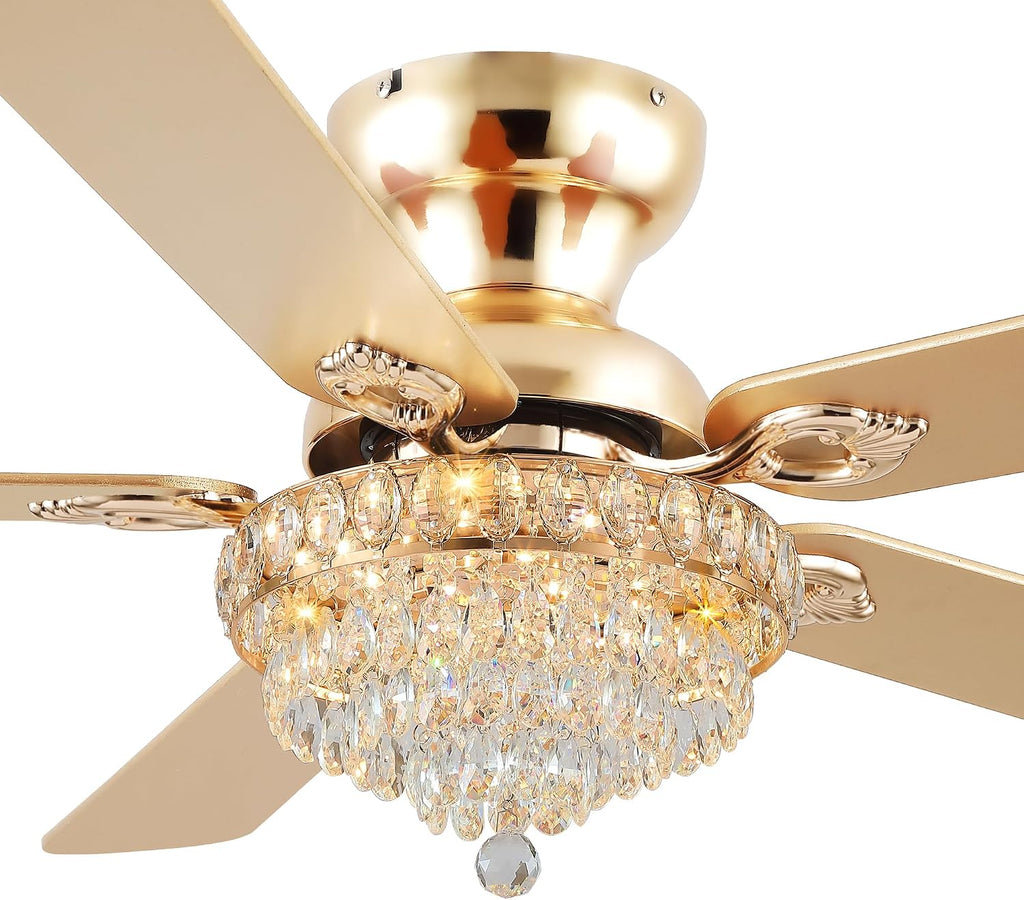 GJeg Crystal Ceiling Fan Fandelier with Lights-Ceiling Fans with Remote Control,Modern Ceiling Fan with Noiseless DC Reversible Motor,Dining Room,Living Room(52' Gold)