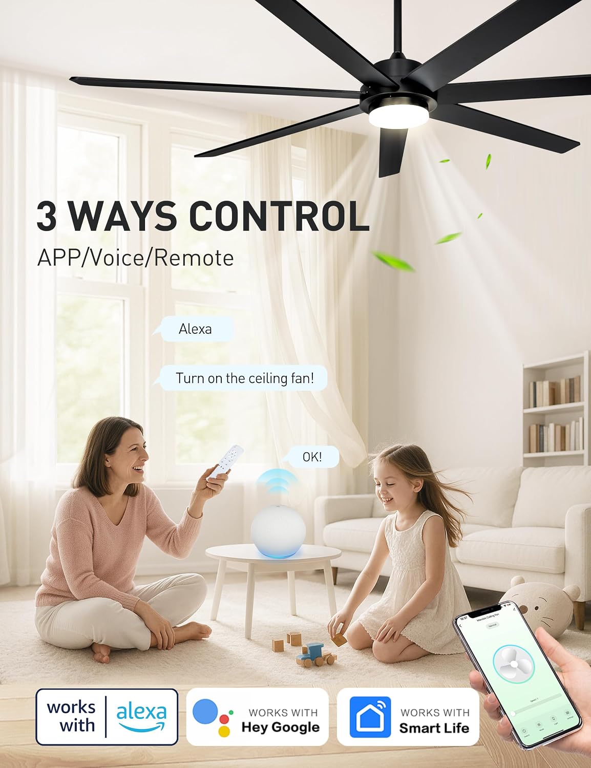 Minislak 72 Inch Black Smart Ceiling Fan with Light and Remote via WIFI Alexa APP Control,6 Speed Quiet DC Motor,Dimmable,Indoor Outdoor Ceiling Fans for Patios or Bedroom