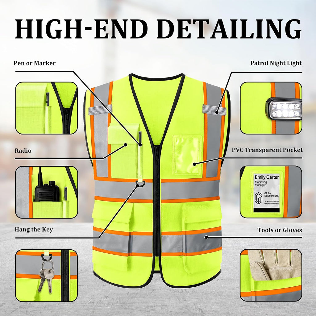 Custom Safety Vest with Logo, High Visibility Reflective Personalized Vest with Pockets and Zipper for Men Women Work
