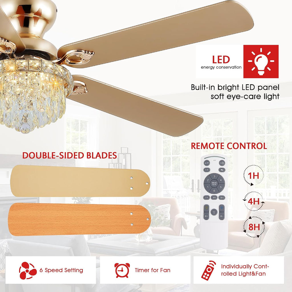 GJeg Crystal Ceiling Fan Fandelier with Lights-Ceiling Fans with Remote Control,Modern Ceiling Fan with Noiseless DC Reversible Motor,Dining Room,Living Room(52' Gold)