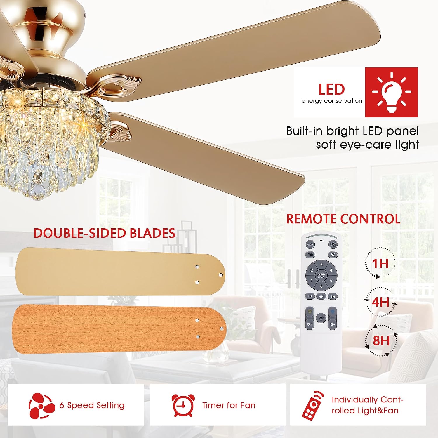GJeg Crystal Ceiling Fan Fandelier with Lights-Ceiling Fans with Remote Control,Modern Ceiling Fan with Noiseless DC Reversible Motor,Dining Room,Living Room(52' Gold)
