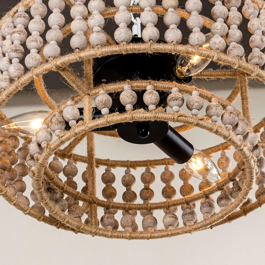 Wood Beaded Chandelier - 3 Lights Boho Flush Mount Light Fixture Farmhouse Chandeliers for Bedroom Hallway Kitchen Island Foyer Entryway Nursery Living Room
