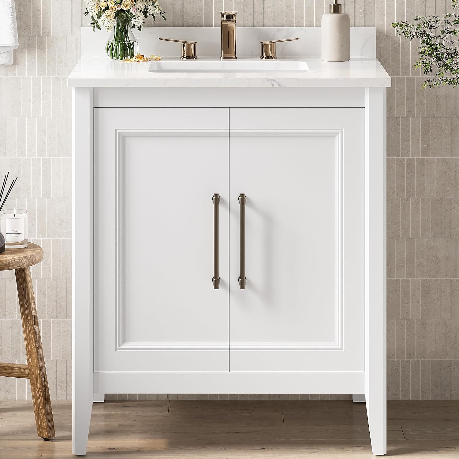 LIKIMIO 30' Bathroom Vanity with Sink, Freestanding Bathroom Vanity with 2 Soft-Close Doors, Engineered Stone Countertop with Undermount Ceramic Sink, Modern Bathroom Vanity, Easy Assembly, White