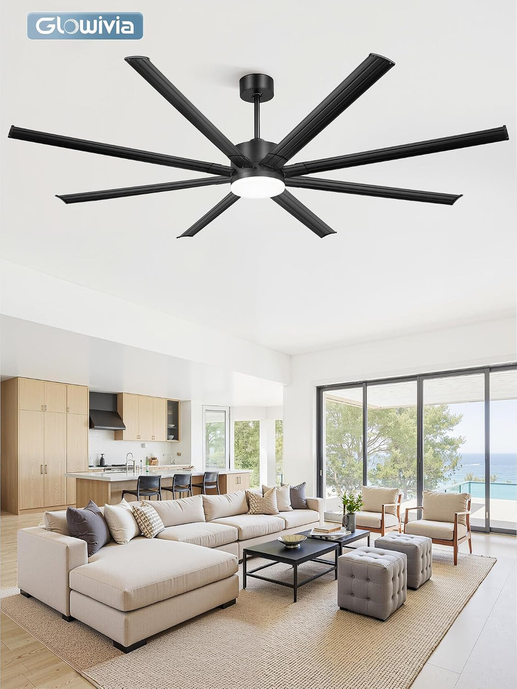 84 Inch Large Ceiling Fan with Lights & Remote, Black Modern Design, 8 Iron Blades & 15000 CFM High Airflow, Quiet Reversible DC Motor, 3CCT Lighting, 3 Downrods -for Bedroom, Living Room