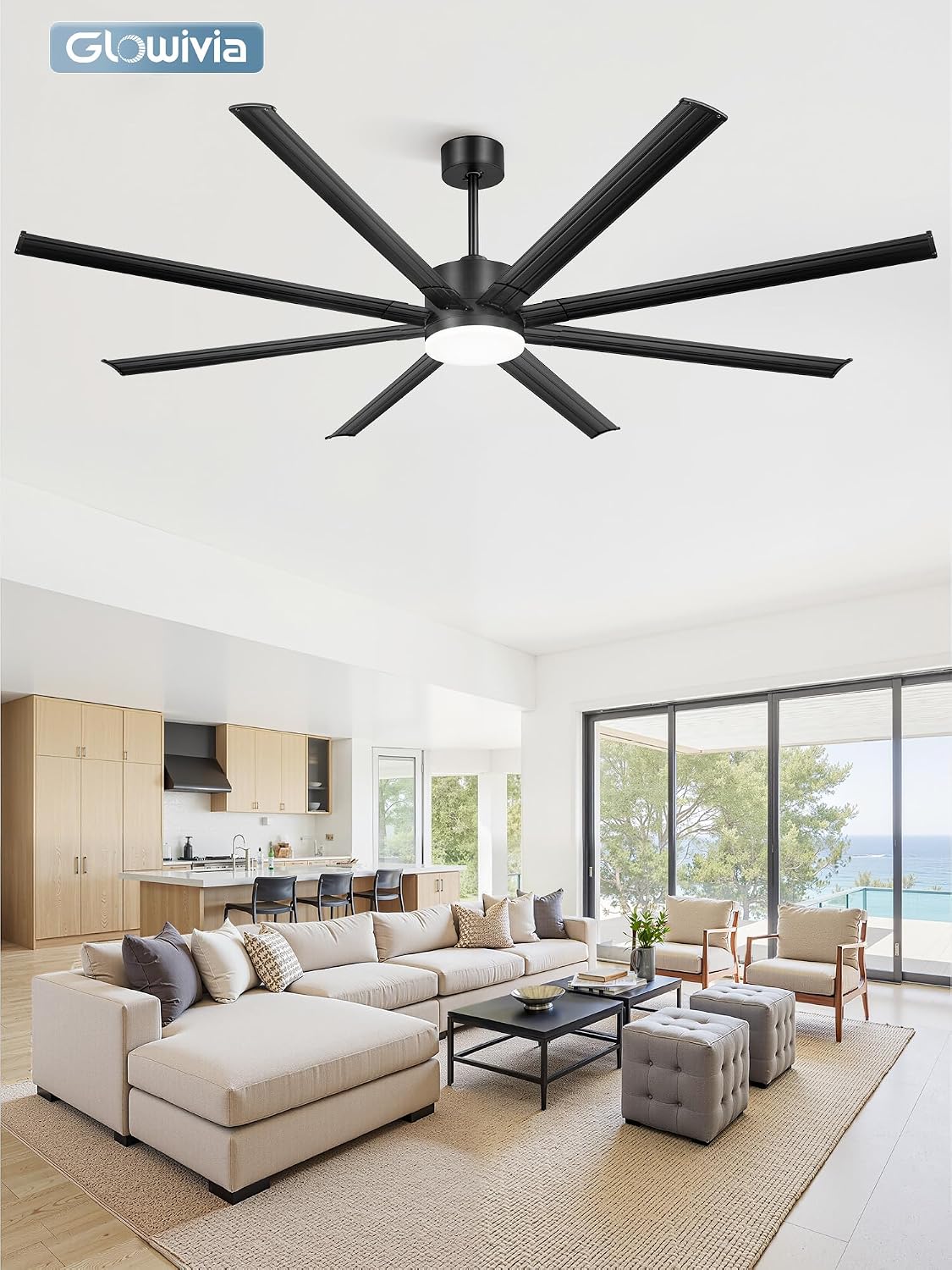84 Inch Large Ceiling Fan with Lights & Remote, Black Modern Design, 8 Iron Blades & 15000 CFM High Airflow, Quiet Reversible DC Motor, 3CCT Lighting, 3 Downrods -for Bedroom, Living Room