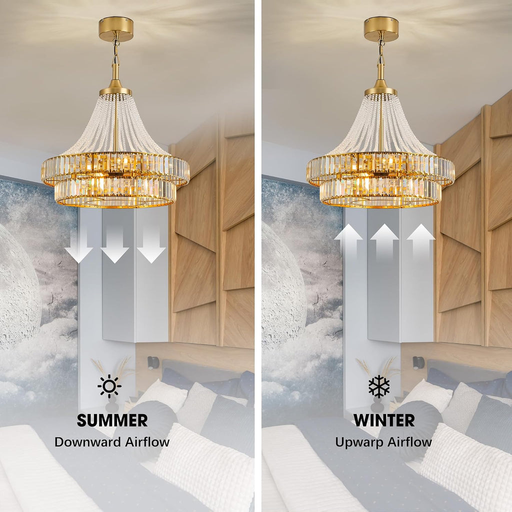 24' Modern Crystal Chandelier Ceiling Fan with Lights, Remote & App Control, 6-Speed Reversible Large Fandelier, Double Layer Design for Bedroom, Living Room (Luxury Gold)