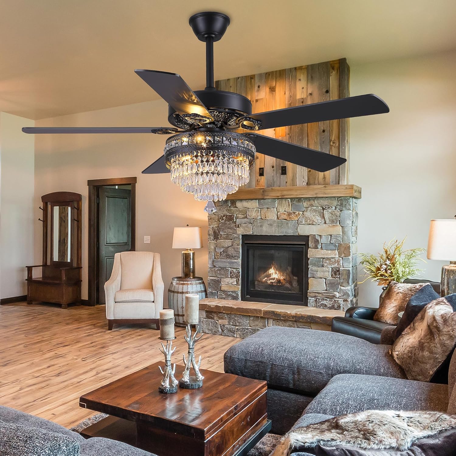 GJeg Crystal Ceiling Fan Fandelier with Lights- Retro Outdoor Fans with Remote Control, Farmhouse Ceiling Fan with Noiseless AC Reversible Motor,Dining Room,Living Room(52' Black)
