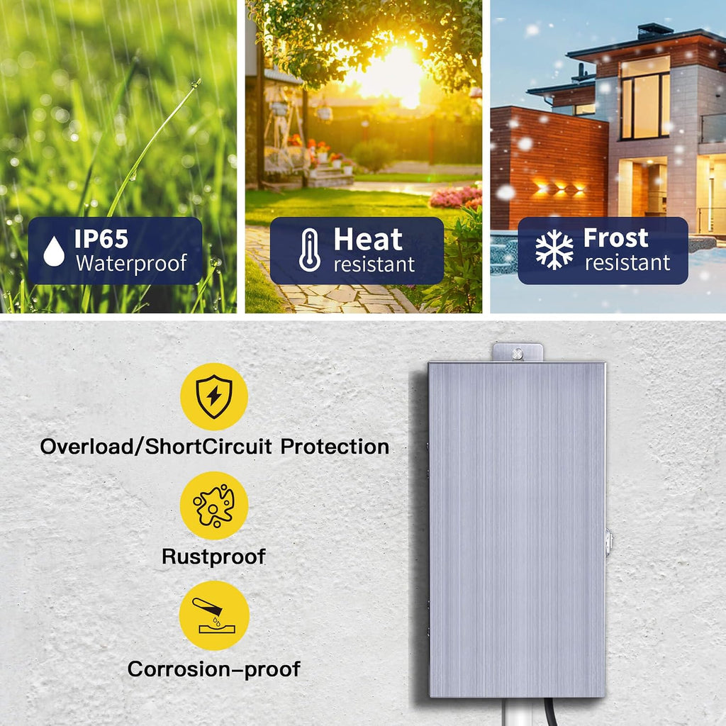 Gardenreet 300W Low Voltage Landscape Lighting Transformer - ETL Listed IP65 Multi-Tap (120V AC to 12V-13V-14V-15V AC) with Mechanical Timer, Stainless Steel Shield for Outdoor, Spotlight, Path Light