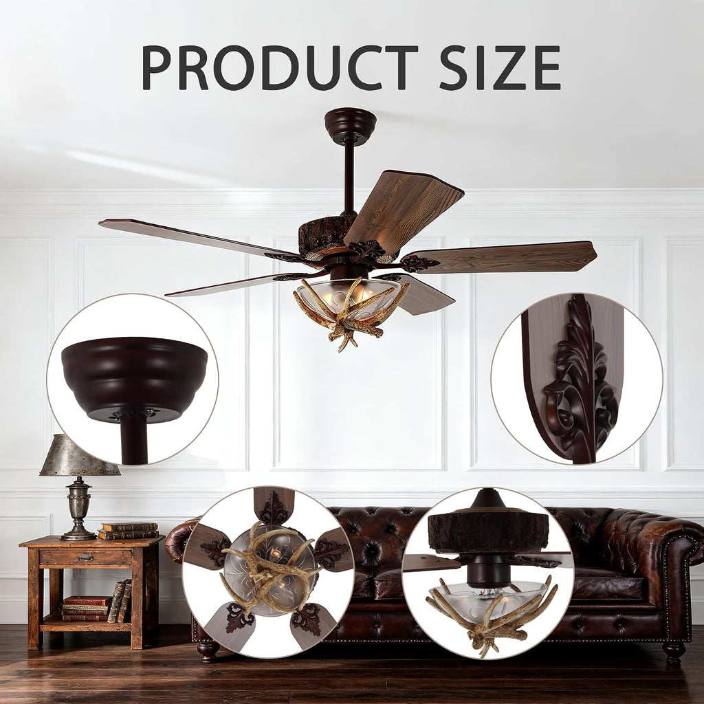 Fandian Antler Rustic Ceiling Fan with Lights and Remote, Modern Chandelier Fan Light, Indoor Cabin Electrical Fan with 5 Wood Blades, Farmhouse, Bedroom Living Room (D 46')