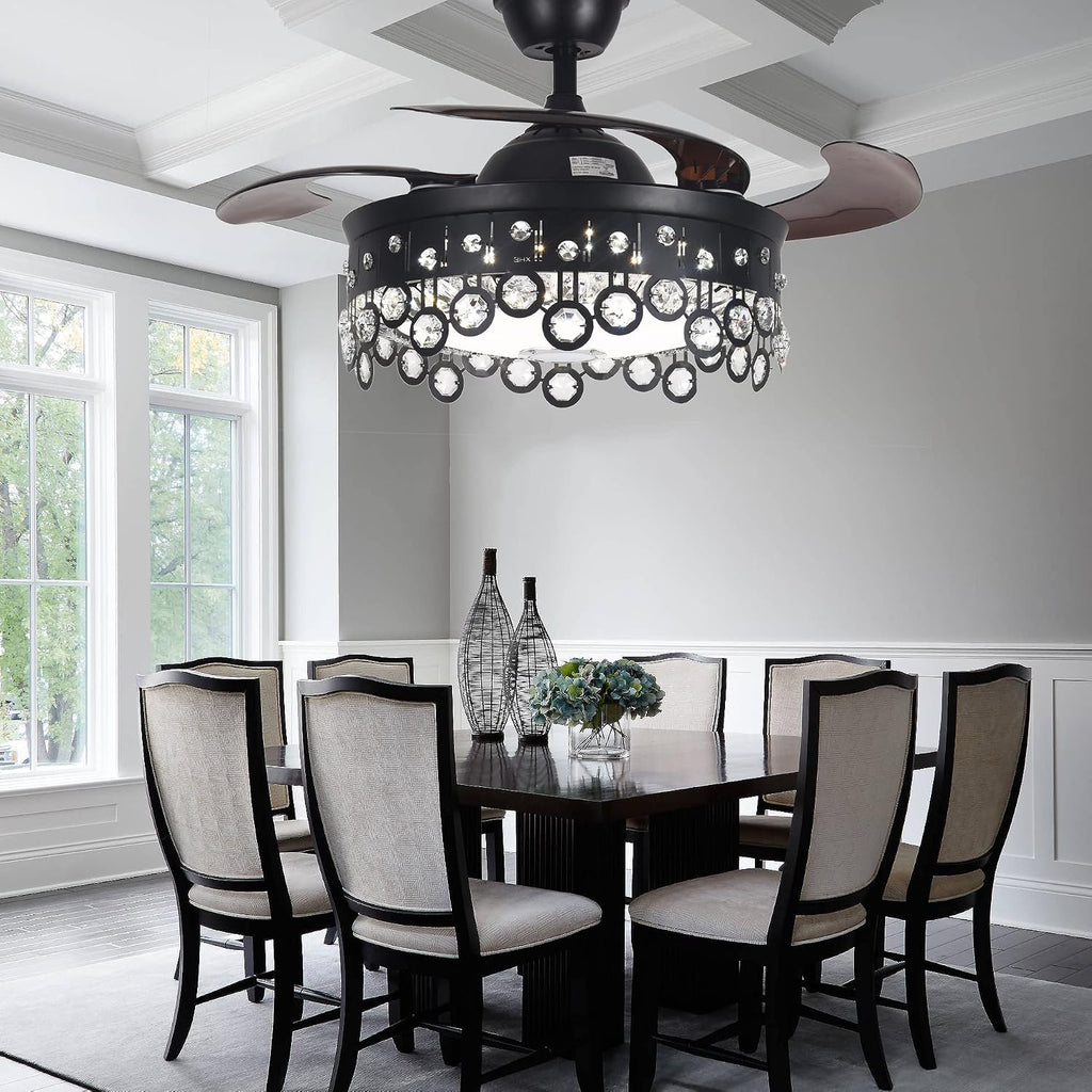 Fandian Retractable Ceiling Fan with Light, Modern 42' Bluetooth Speaker Dimmable Tunable 7 Color Lighting Black Chandelier Ceiling Fan Fandelier with Remote Control for Living Bedroom