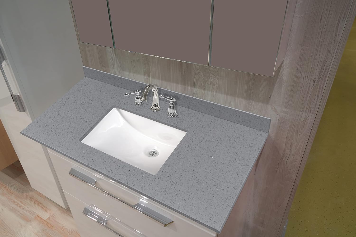 MSI Sparkling Gray Vanity Top with Under Mount Rectangle Ceramic Sinks, Engineered Marble Stone, 4' CC Faucet Holes, 49'X22'
