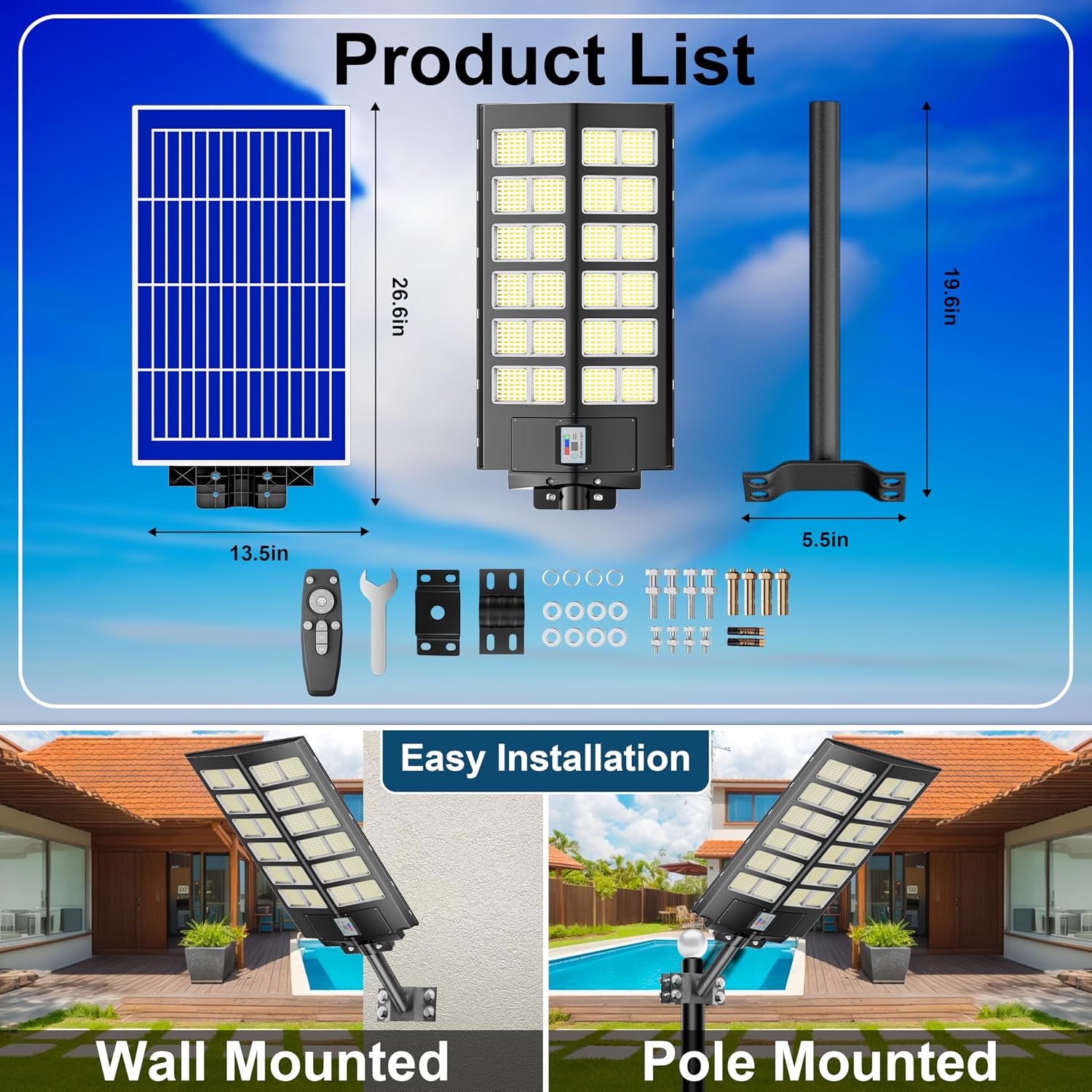 loyoele 9000W Solar Street Lights Outdoor 120000LM, Commercial Parking Lot Light 7000K, Solar Flood Outdoor Lights IP67 Waterproof with Motion Sensor for Road, Garden, Basketball Courts