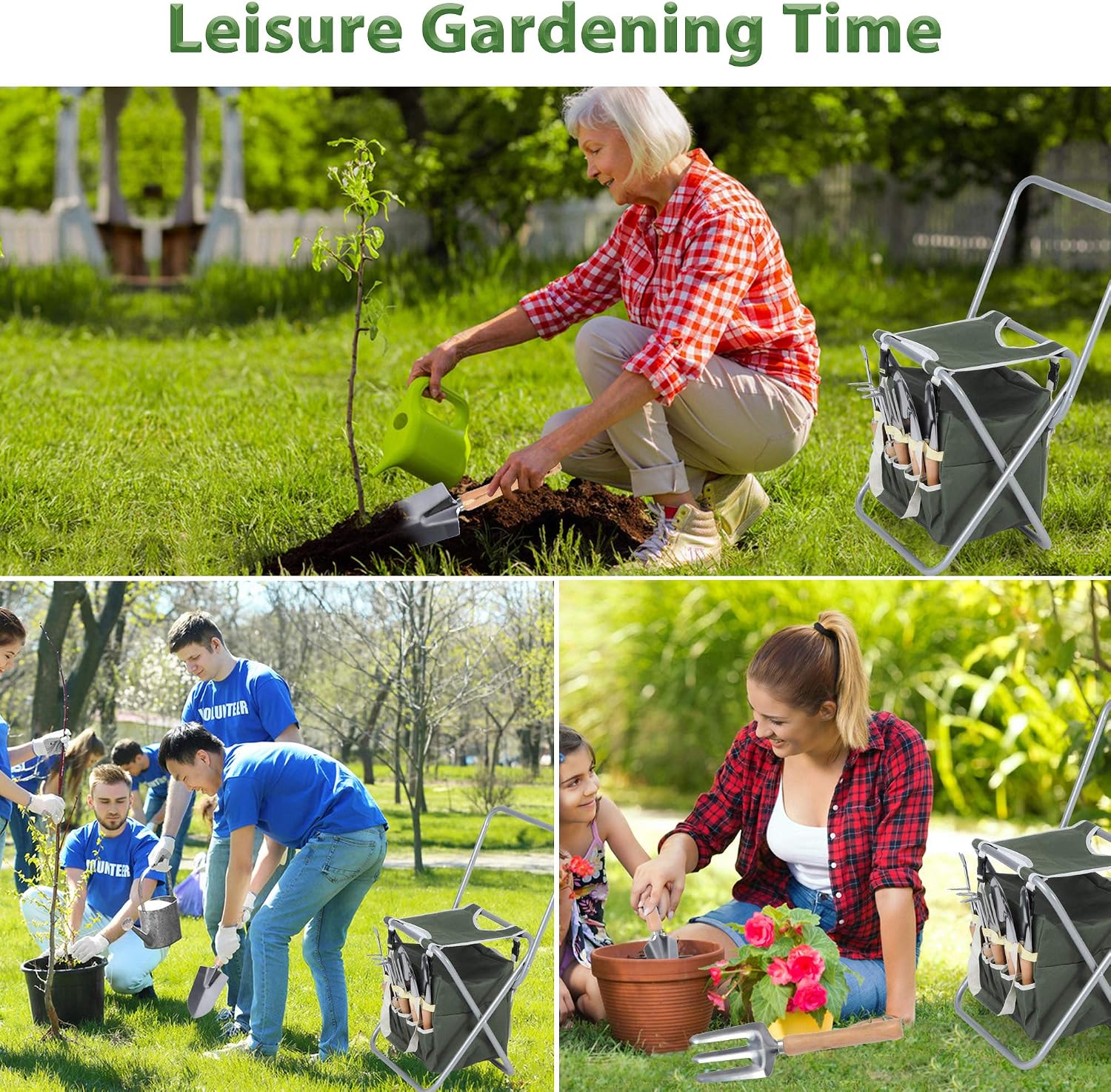 9 Pieces Garden Tools Set with Folding Chair, Stainless Steel Heavy Duty Hand Tool w/Organizer Tote Bag, Wooden Handle & Gloves - Gardening Gifts for Men Women