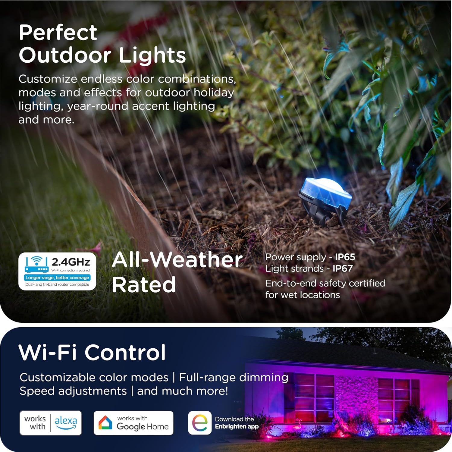 Enbrighten Vibe Eternity Garden Lights, 50ft, 12 RGBWIC LEDs, Waterproof, Uplights, Outdoor Landscape Lighting, Home Exterior Spotlight, Smart App, Works with Alexa, Google Home, 83790
